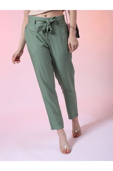 Women Green Tapered Pants with Tie Belt