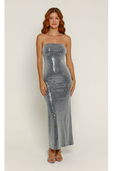 Silver Sequin Bandeau Maxi Dress