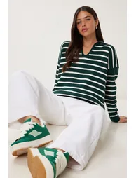 Women's Dark Green Polo Neck Crop Knitwear Sweater - 1