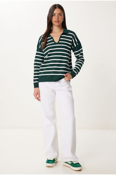 Women's Dark Green Polo Neck Crop Knitwear Sweater