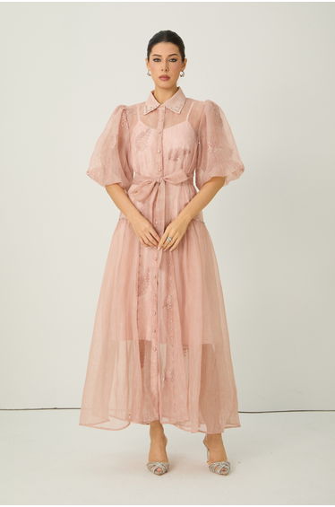 Dreamy Personality Pink Puff Sleeve Embroidered Maxi Dress