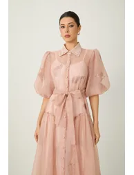 فستان ماكسي بأكمام منفوخة بتطريز - زهري - 1