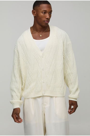 Oversized Boxy Wavy Knitted Cardigan - ecru