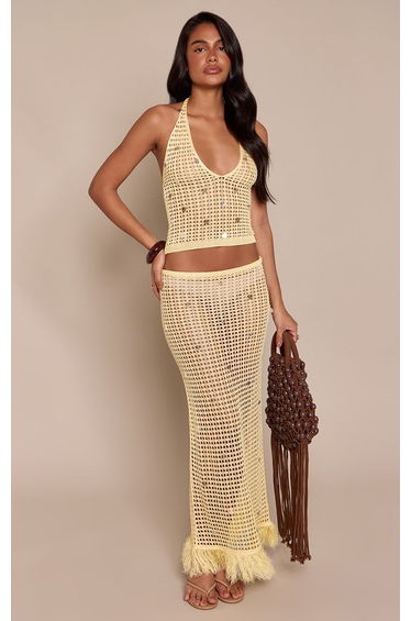 Lemon Sequin Knit Fringe Maxi Skirt