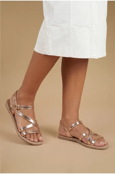 Forestor Faux Leather Snake Print Multi Strap Flat Sandals