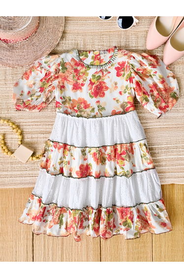 Floral Print Schiffli Tiered Dress with Balloon Sleeves