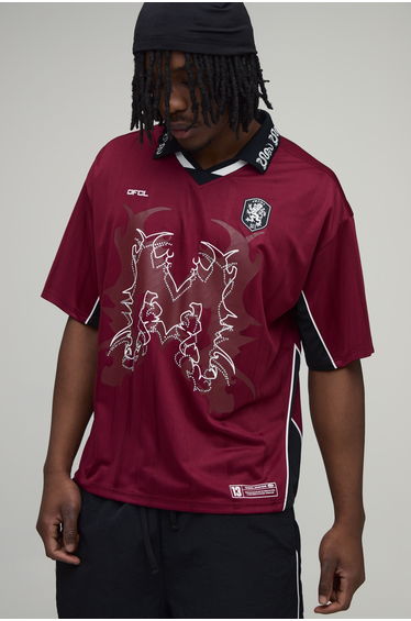 Tall Oversized Grunge Varsity Rhinestone Mesh V Neck T-Shirt - burgundy