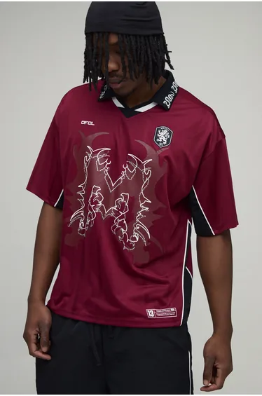 Tall Oversized Grunge Varsity Rhinestone Mesh V Neck T-Shirt - burgundy