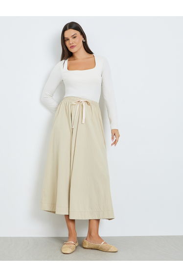 Beige Drawstring Waist Pleated Skirt