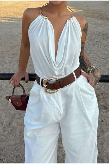 Draped Cowl Halter Neck Metallic Backless Tank Top