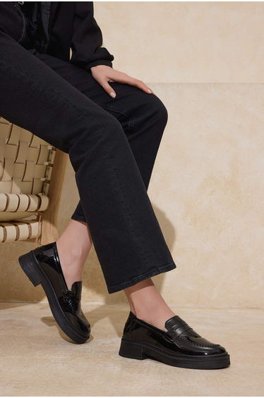 Black Patent Leather Stitching Detailed Women's Loafer Shoes