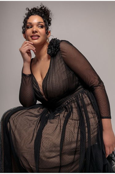Goddiva Plus Corsage Dobby Mesh A-Line Maxi Dress - Black