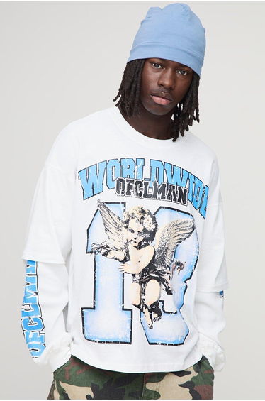 Worldwide Varsity Waffle Faux Layer Long Sleeve T-Shirt - white