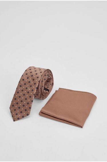 Light Brown Foulard Tie and Plain Pocket Square