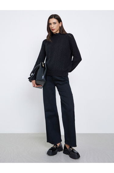 Black Regular Fit Ruffle Schiffli Trim Knit Sweater