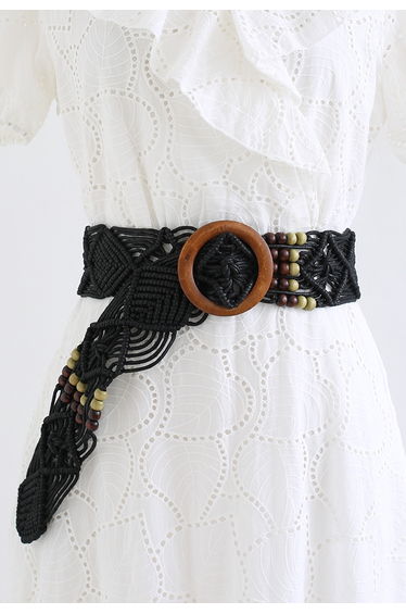 Wooden Buckle Bead Decor Woven Belt in Black