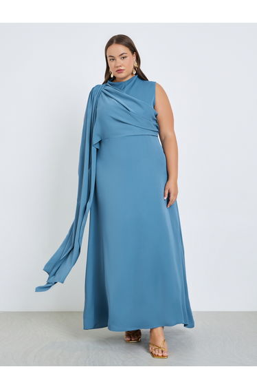 Plus Size Blue Pleated A-Line Maxi Dress