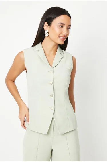 Sleeveless Collar Detail Waistcoats - sage