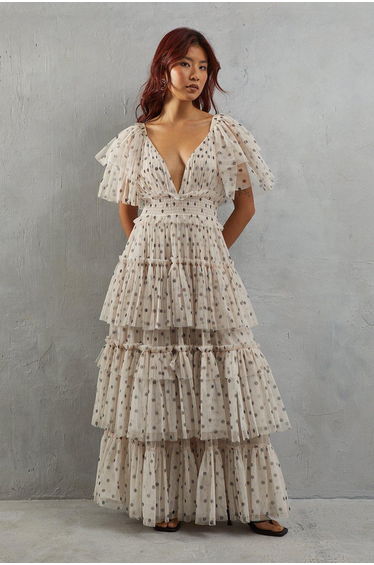 Tulle Spot Plunge Neck Flutter Sleeve Tier Maxi Dress