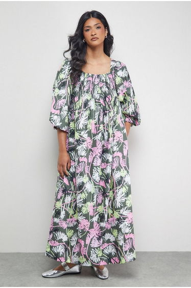 Cotton Shirred Square Neck Midi Dress