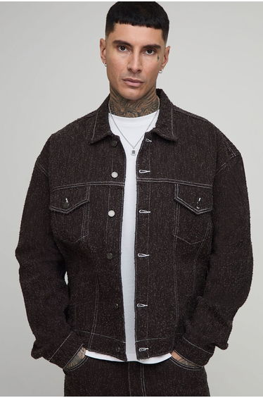 Tall Textured Denim Boxy Oversized Denim Jacket - chocolate