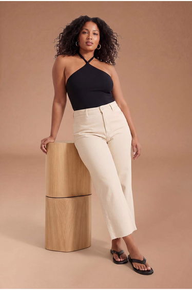 Wardrobe Essentials Ecru High Waist Straight Fit Comfort/Medium Stretch Plus Size Jeans