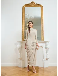 Women Cream Shimmer Knit Asymmetric Maxi Dress - 1