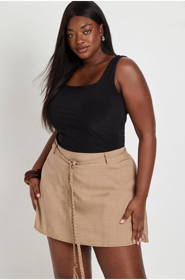 Plus Crepe Rope Belt Detail Mini Skort - stone
