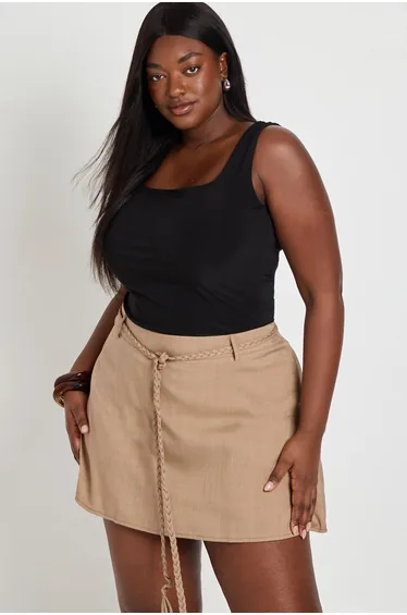 Plus Crepe Rope Belt Detail Mini Skort - stone