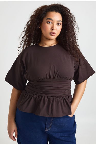 Plus Ruched Bust Corset Waist Detail Top - chocolate