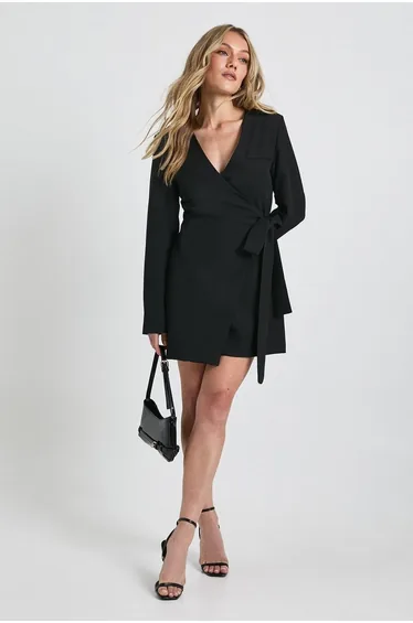 فستان بليزر بربطة جانبية - أسود للمقاسات الصغيرة