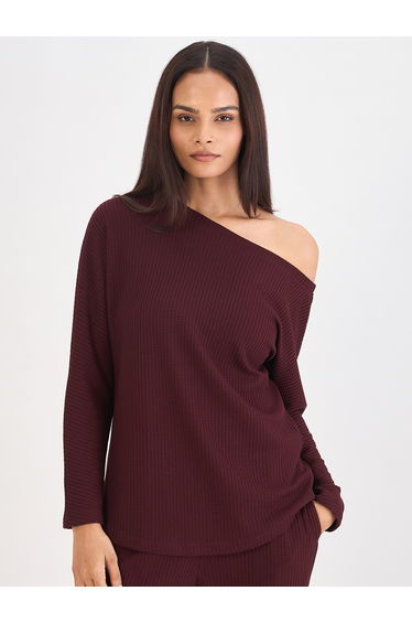 Women Wine Waffle Knit One Shoulder Top