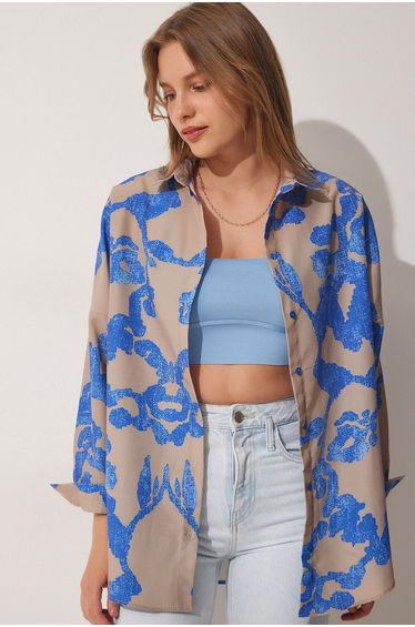 Women's Blue Beige Patterned Oversized Poplin Shirt
