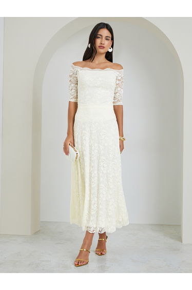 Cream Lace Overlay A-Line Midi Skirt