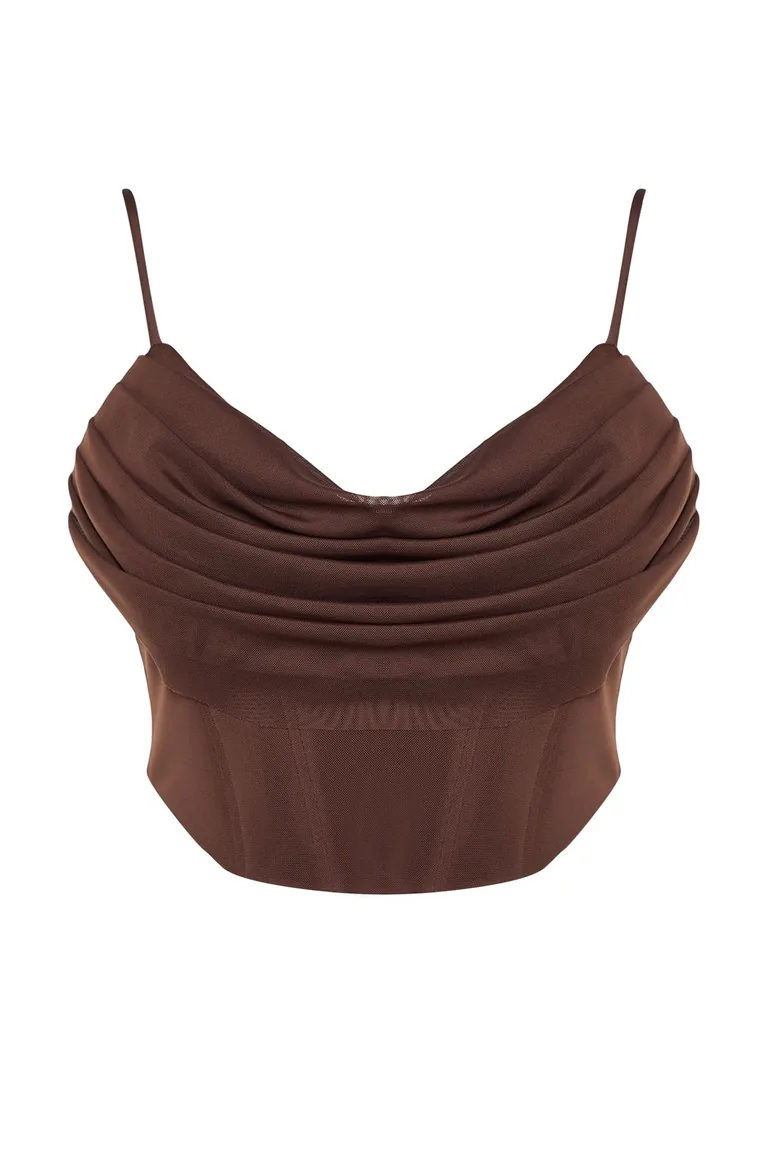 Brown Corset Detailed Tulle Blouse - 1