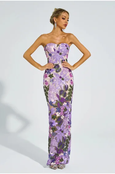 Kevin Purple Embroidered Sequins Dress