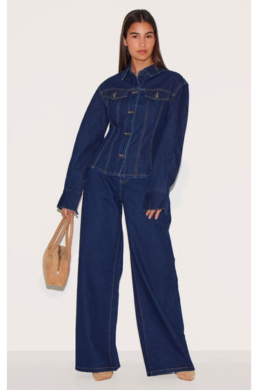 Indigo Contrast Stitch Long Sleeve Cinch Waist Denim Jacket