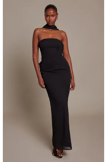 Black Chiffon Bandeau Draped Scarf Maxi Dress