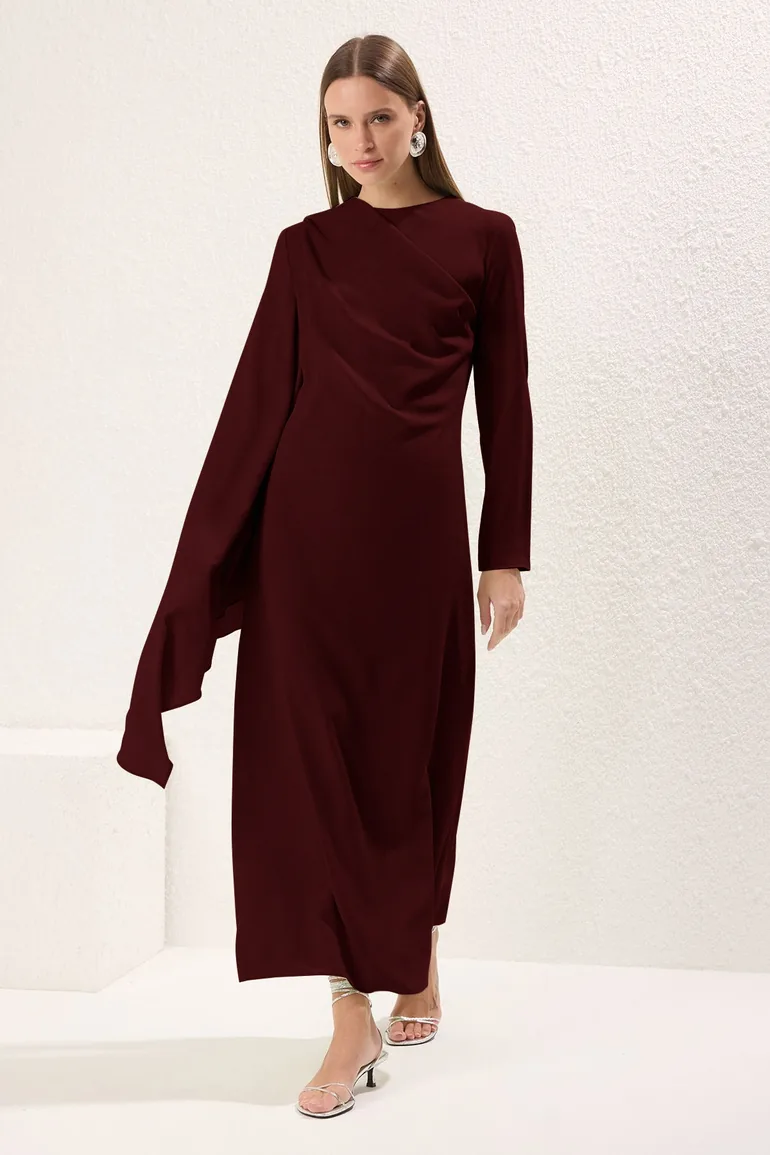 burgundy and navy blue dress Women's Sleeveless Midi Dress With Shawl and Slit