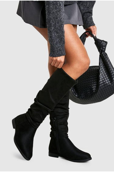 Wide Fit Ruched Knee High Boots - black