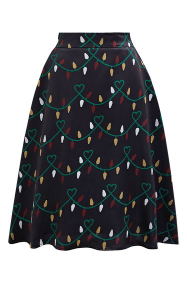 Festive Colorful Lights Heart Strings Flare Midi Skirt