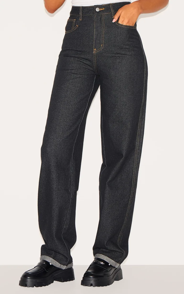 Tall Washed Black High Waist Turn Up Hem Barrel Style Jean - 1