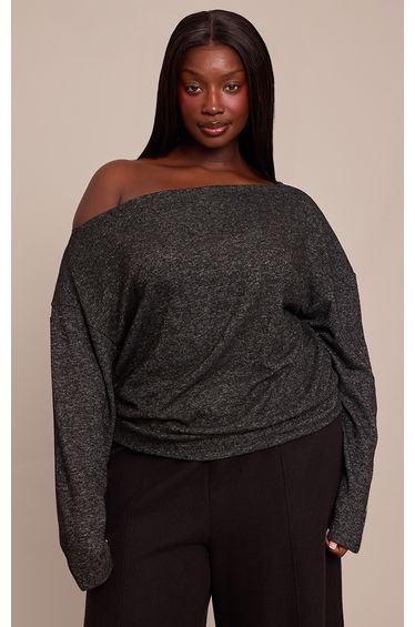 Plus Charcoal Grey Soft Knit Asymmetric Oversized Slouchy Long Sleeve Top