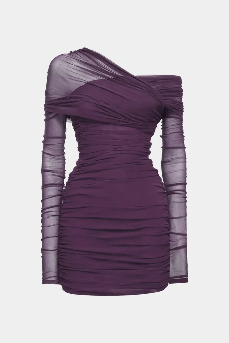 purple dress with mesh sleeves Long Sleeve Embellished Mesh Maxi Dress Purple