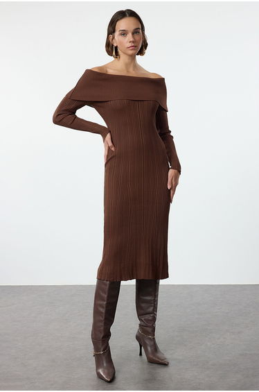Brown Plain Maxi Maxi Knitwear Basic Carmen Collar Knitwear Dress
