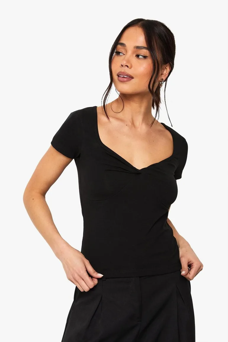 TWIST FRONT SWEETHEART NECKLINE CAP SLEEVE TOP - black