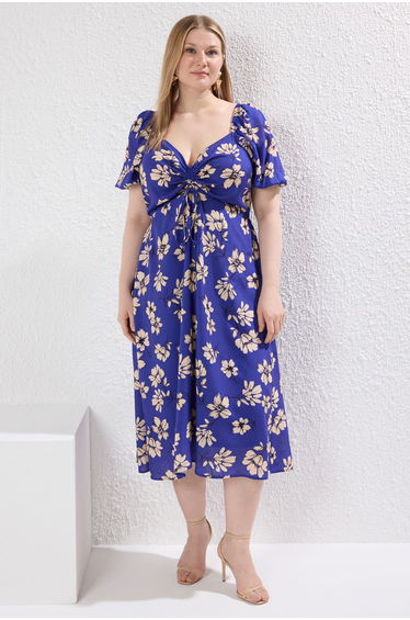 Blue Floral Patterned Woven Dress