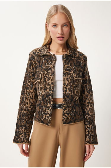 Women's Beige Brown Leopard Patterned Pocket Knitwear Jacket