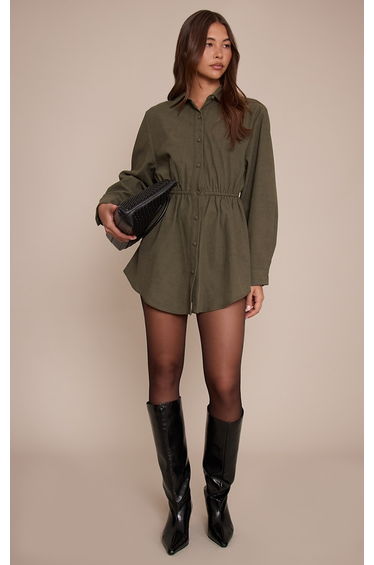 Khaki Faux Suede Button Down Cinched Waist Mini Dress