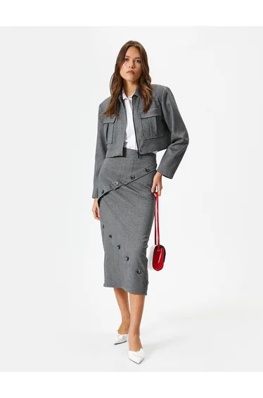 Medium Rise Buttoned Midi Pencil Skirt